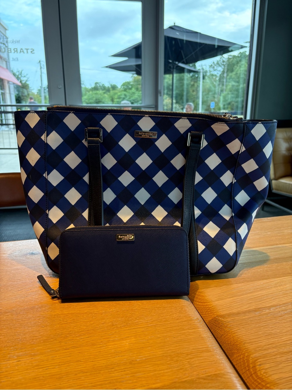 kate spade Navy and White Checker Tote with Navy Wallet